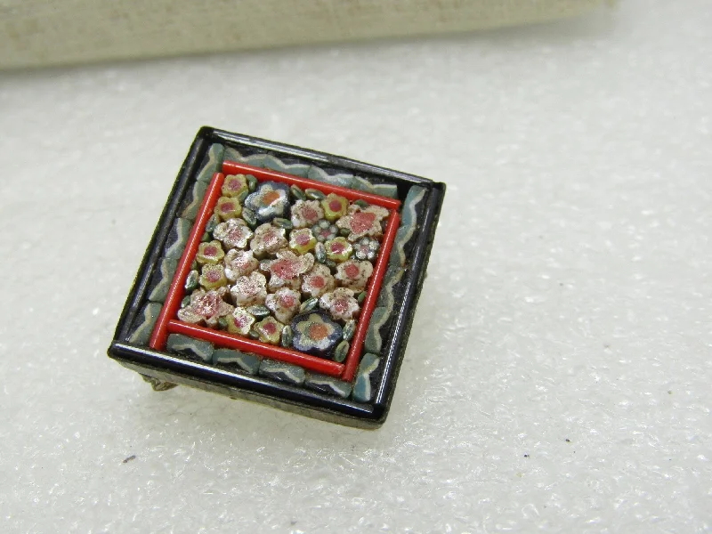 ladies silver brooch citrine stones -Vintage Floral Micro Mosaic Brooch, 7/8" square, Italy, 1950's-1960's