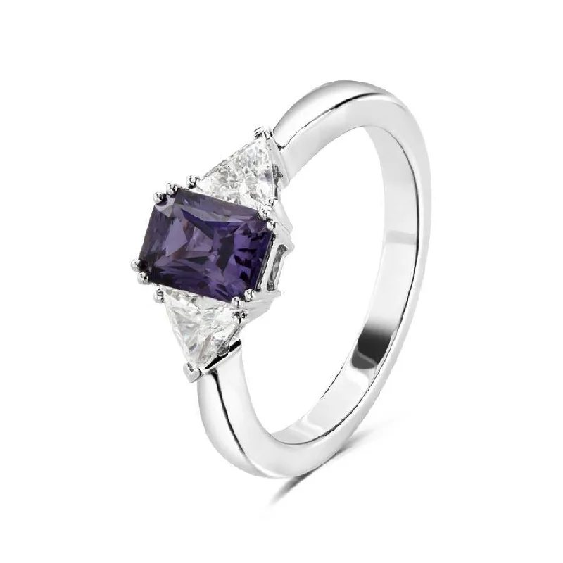 Ladies refined shine rings -18ct White Gold Rectangular Cut Purple Sapphire & Trilliant Cut Diamond Trilogy Ring