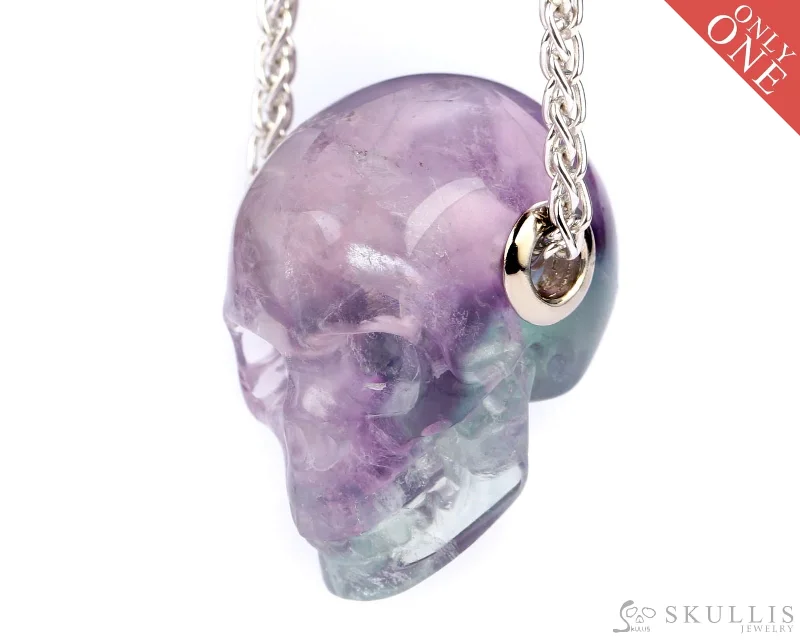 crystal necklaces for women sparkling -Skullis Signature Fluorite Gem Skull Pendant or Necklace, Hand Carved, Sterling Silver 925 Chain, for Women & Men - 9500021