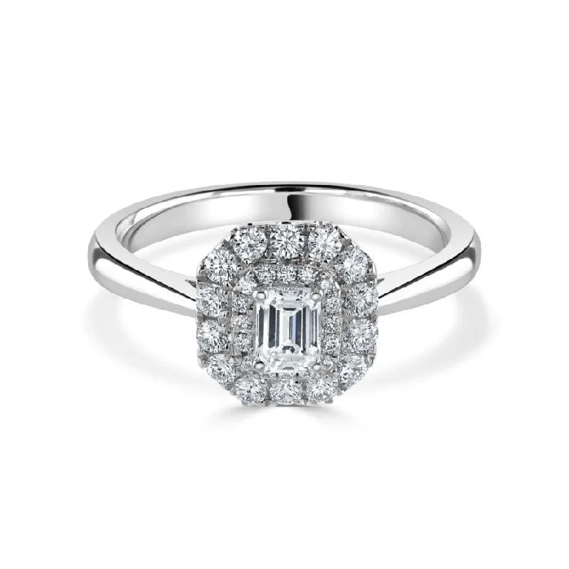 Ladies gentle charm rings -Platinum Emerald Cut Diamond Double Halo Cluster Ring