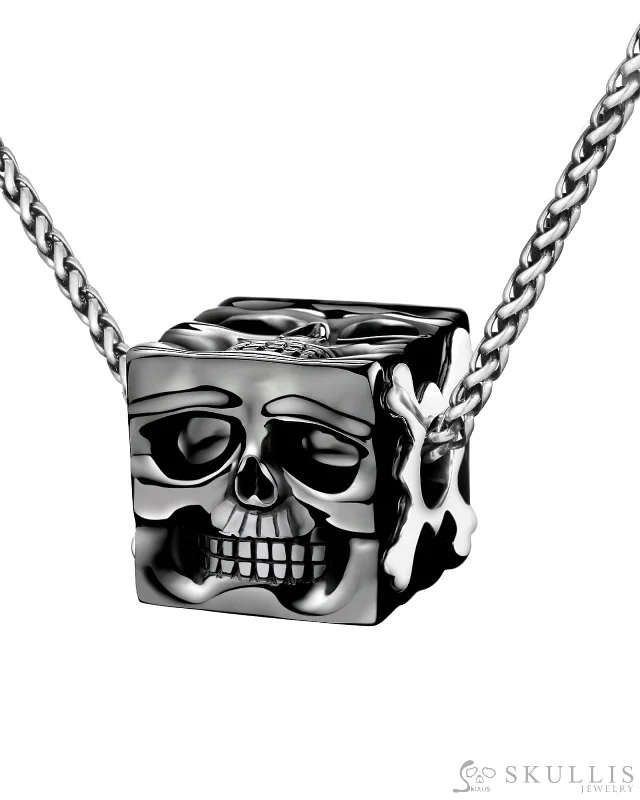 floral drop necklaces for women -Gem Skull Pendant Necklace of Black Obsidian Carved Cube with Four Skull Faces in 925 Sterling Silver