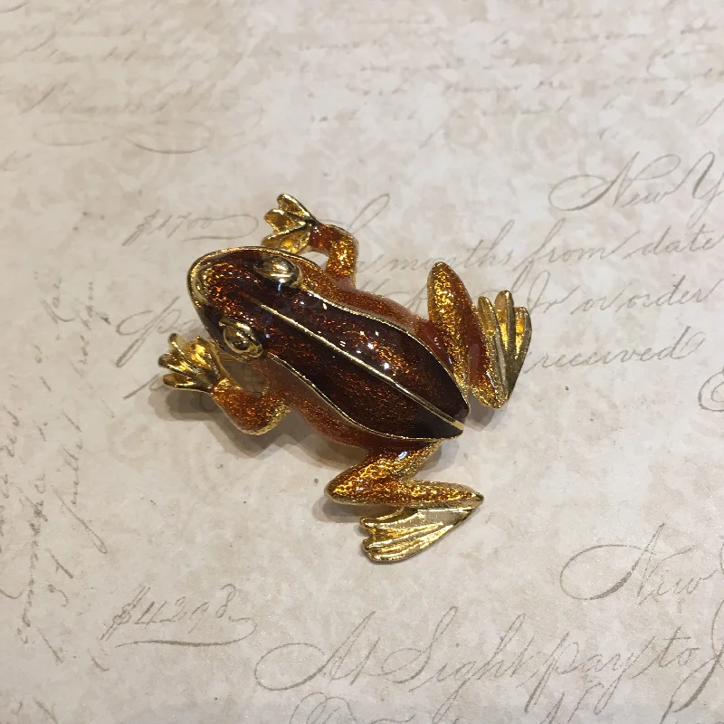 chain fringe brooch for women -Vintage Frog Brooch Brown Amber Enamel Gold