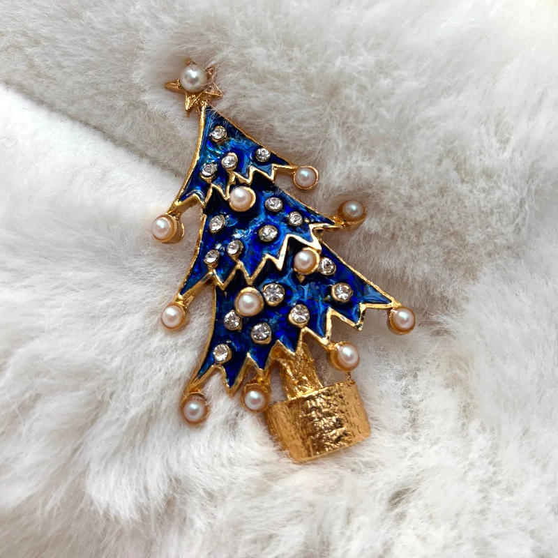 ladies gold brooch lotus motifs -Blue Christmas tree brooch in enamel