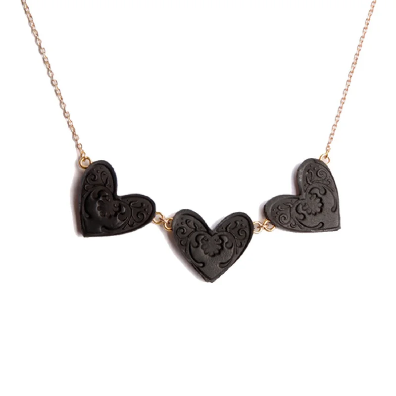 ladies necklaces scalloped edges -TRIPLE SWEET BLACK HEART . necklace