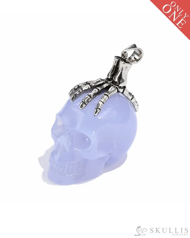 ladies gold necklaces bird pendants -Gem Skull Pendant Necklace of Blue Chalcedony Carved Skull with Skeleton Hand in 925 Sterling Silver - 0506518