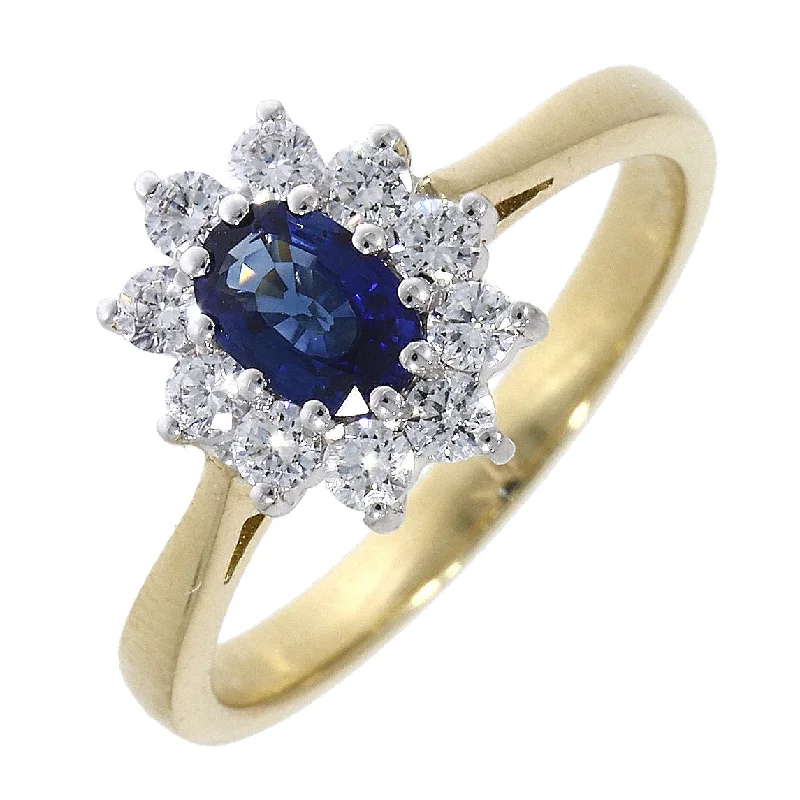 Ladies graceful band rings -18ct yellow gold oval sapphire and round brilliant cut diamond claw set ring