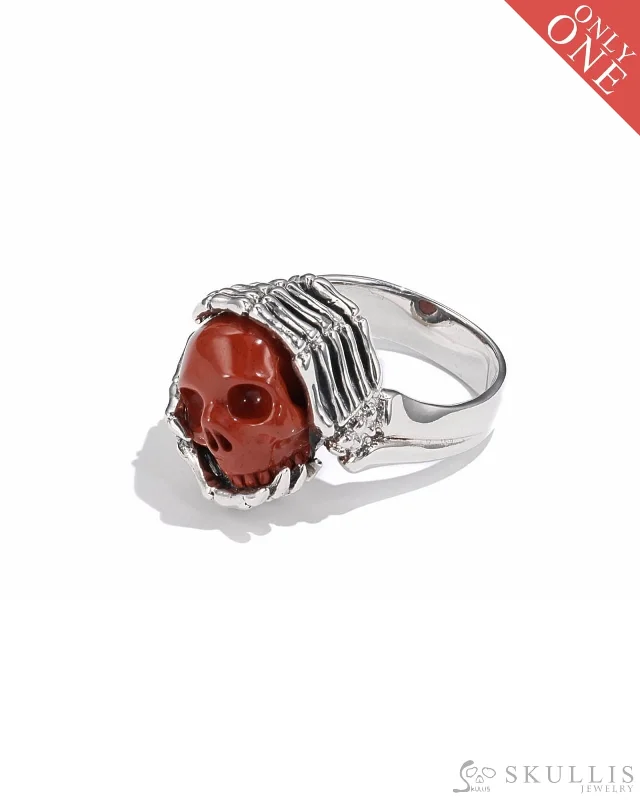 Ladies squad sparkle rings -Gem Skull Ring of Red Jasper Carved Skull with Silver Skeletal Hands in 925 Sterling Silver, US Size 14 - 0506414