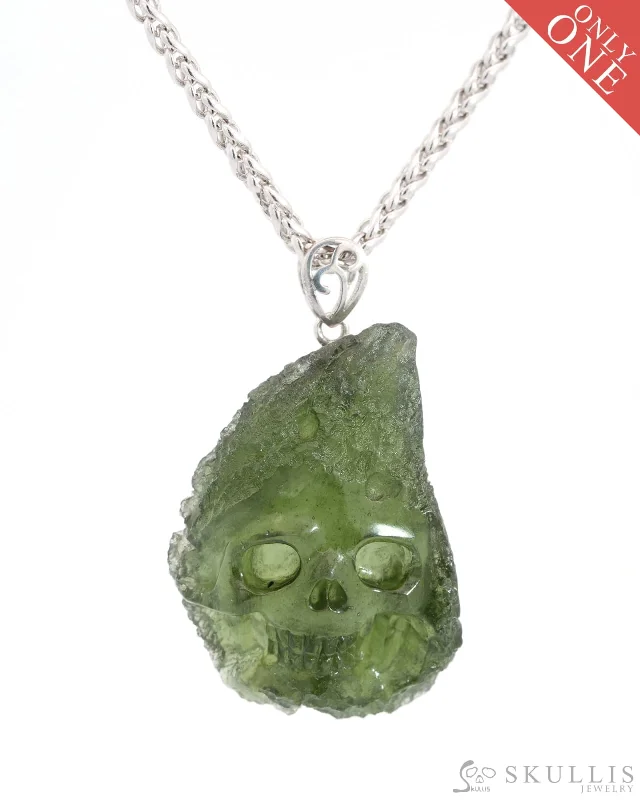 engraved necklaces for women personalized -Rare Gem Skull Pendant Necklace of Moldavite Crystal Carved Skull, 925 Sterling Silver - 0800034