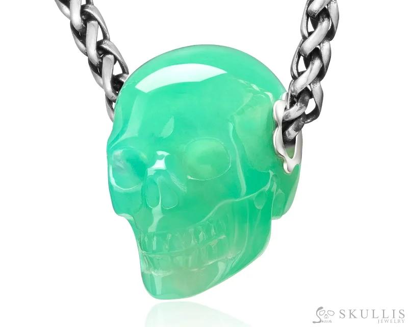 wave texture necklaces for women -Skullis Signature Chrysoprase Gem Skull Pendant or Necklace, Hand Carved, Sterling Silver 925 Chain, for Women & Men