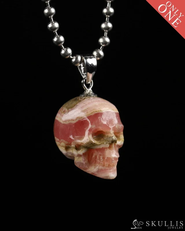 star pendant necklaces for women -Gem Skull Pendant Necklace of Rhodochrosite Carved Skull with Bail in Sterling Silver - 0502785