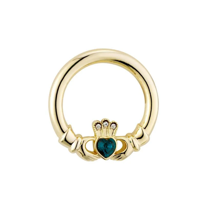 ladies white gold brooch lines -Gold Plated Green Crystal Heart Claddagh Brooch