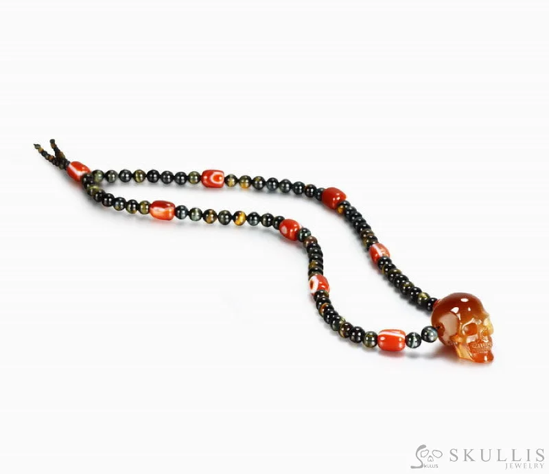 ladies yellow gold necklaces curves -Gem Skull Pendant Necklace of Carnelian Carved Skull with Gold Tiger Eye & Agate Beads