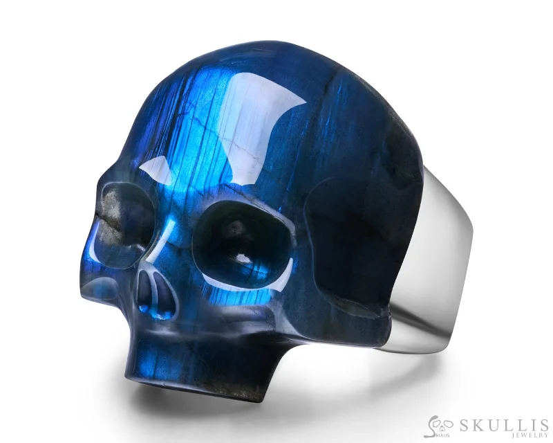 Ladies solid steel rings -Skullis Signature Labradorite Gem Skull Ring, Hand Carved, Sterling Silver, for Women & Men