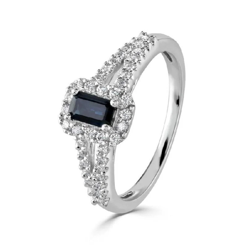 Ladies soul calm rings -9ct White Gold Emerald Cut Sapphire & Diamond Cluster Ring with Diamond Set Split Shoulders