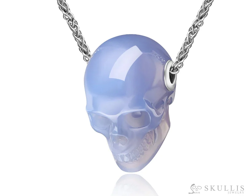 ladies rose gold necklaces flowers -Skullis Signature Blue Chalcedony Gem Skull Pendant or Necklace, Hand Carved, Sterling Silver 925 Chain, for Women & Men