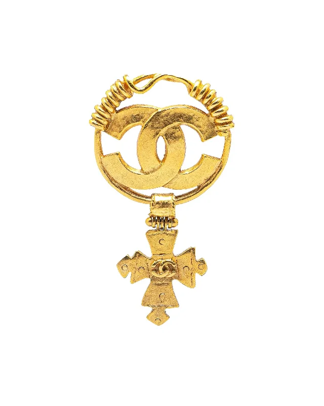 zigzag design brooch for women -Gold Plated Swing Cross Brooch with Pin Closure