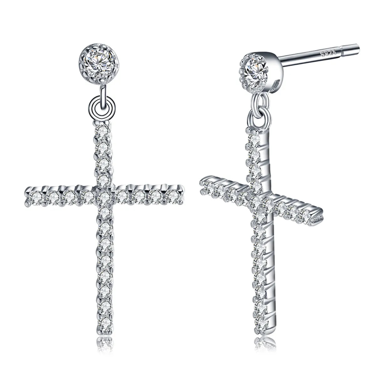 Frosty glow earrings -1 Pair Glam Simple Style Cross Polishing Plating Inlay Sterling Silver Zircon White Gold Plated Drop Earrings