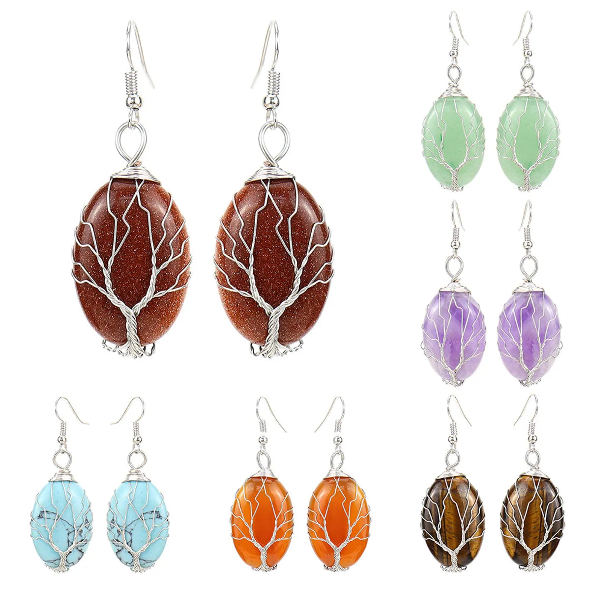 Relic charm earrings -1 Pair Ethnic Style Tree Oval Alloy Natural Stone Handmade Drop Earrings