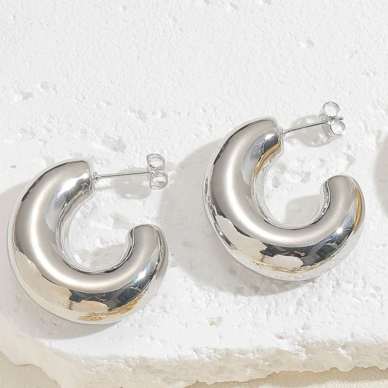 Glossy C-shaped earrings in real white gold - ES2262