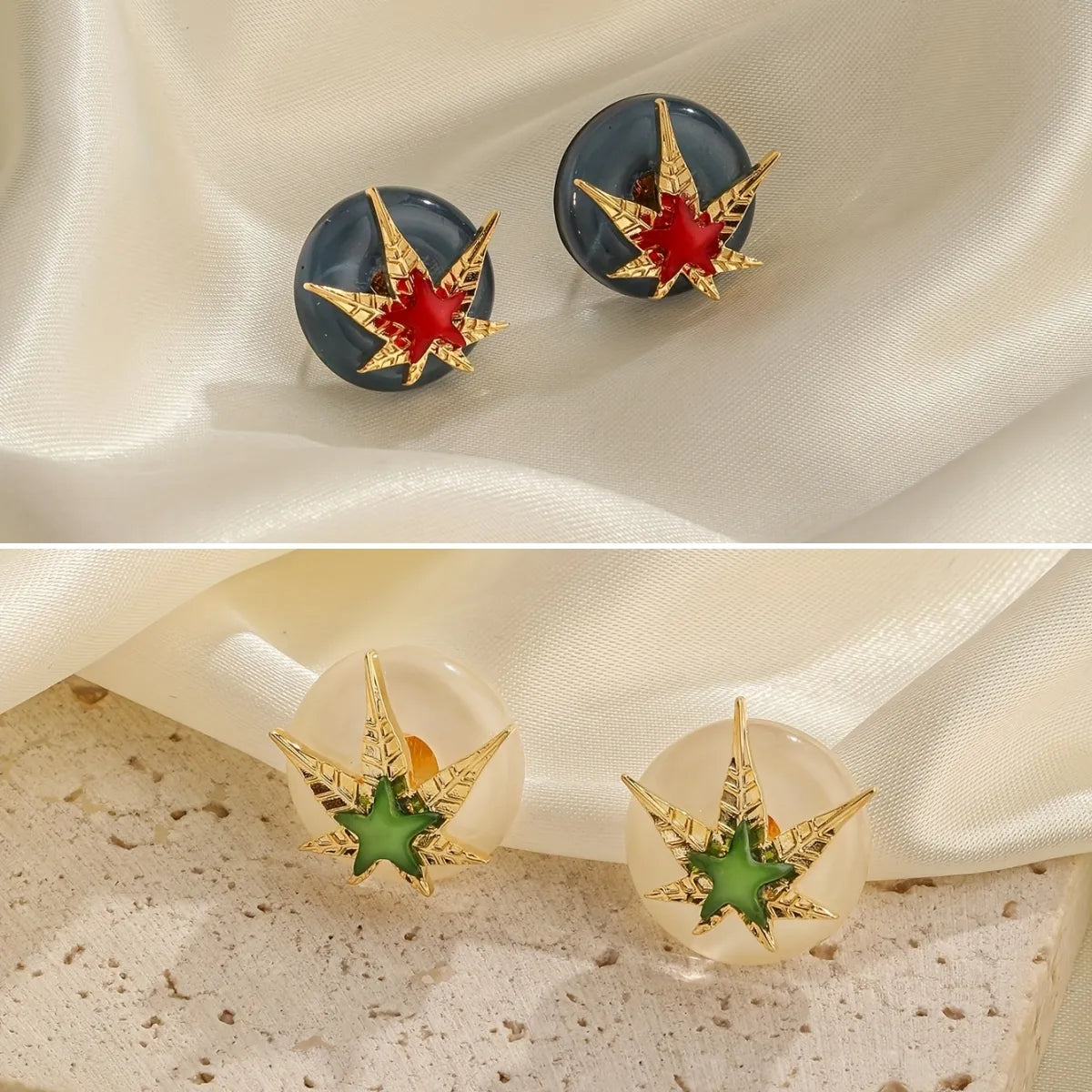 Cycle gleam earrings -1 Pair Retro Pentagram Maple Leaf Enamel Inlay Glass Copper Glass 18K Gold Plated Ear Studs