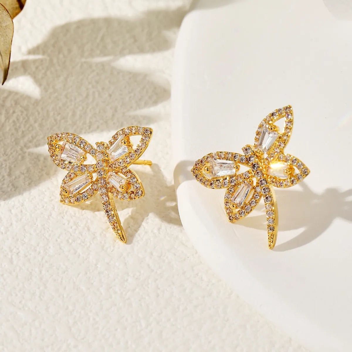 Glossy smooth earrings -1 Pair Streetwear Dragonfly Plating Inlay Copper Zircon 18K Gold Plated Ear Studs