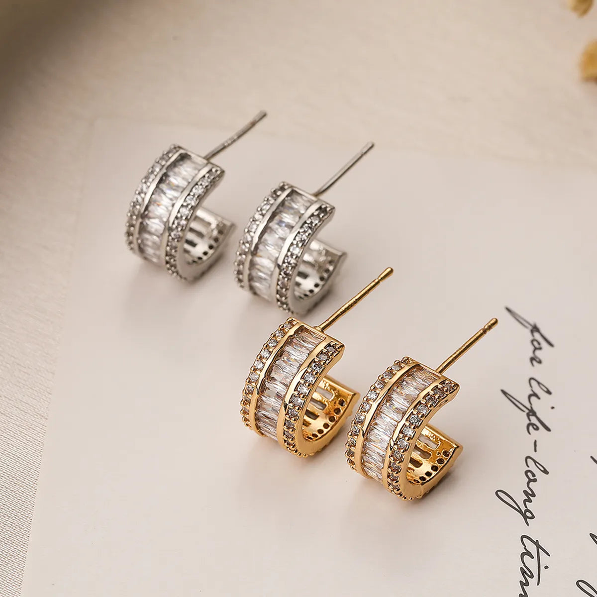 Joyful shine earrings -1 Pair Simple Style Commute C Shape Plating Inlay Copper Zircon 18k Gold Plated Earrings