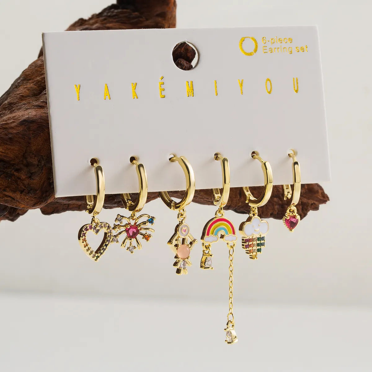 Odd glow earrings -Copper 14K Gold Plated Inlay Rainbow Moon Zircon Drop Earrings