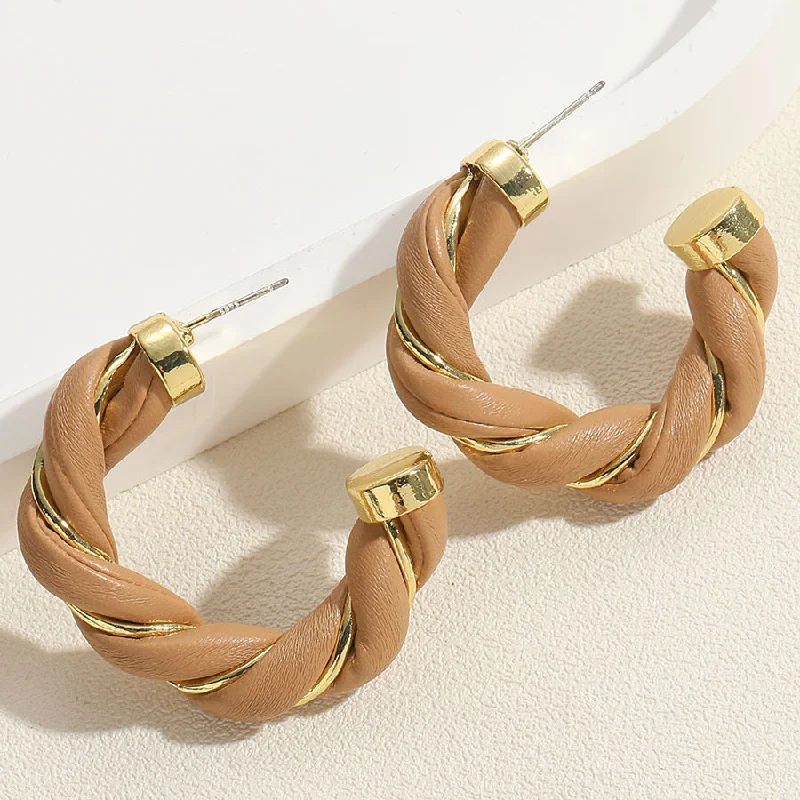 ES2340-5 C-shaped coffee leather metal earrings