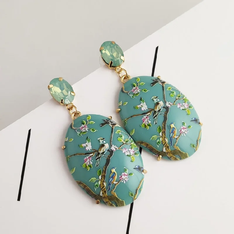 Lone stone earrings -Fashion Oval Flower Bird Painted Inlaid Gemstone Resin Resin Earrings