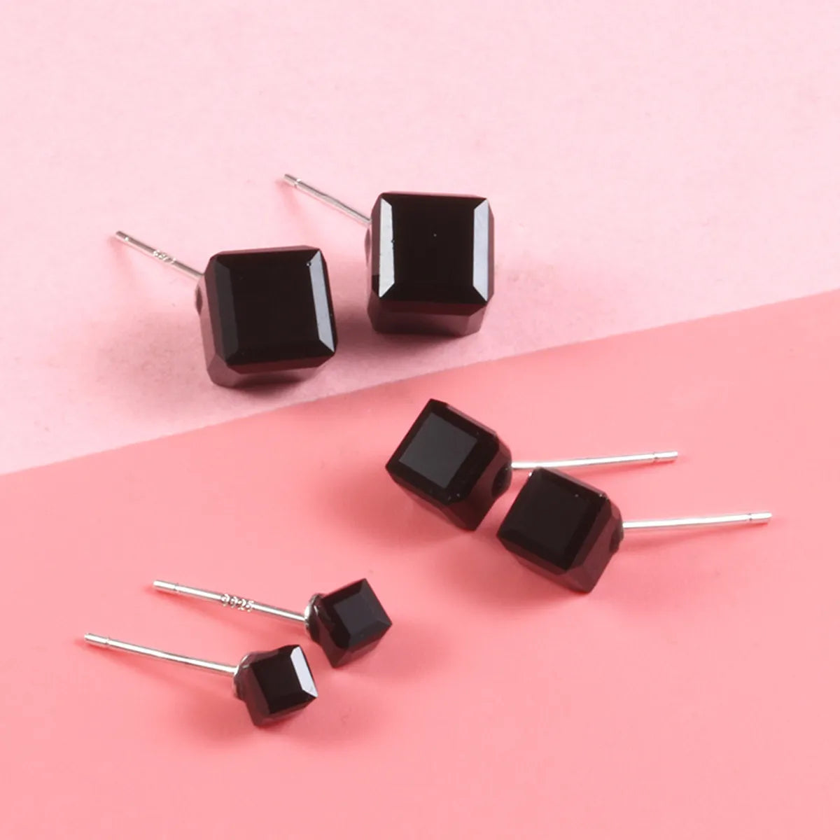 4mm Square Crystal Stud Earrings (Black)