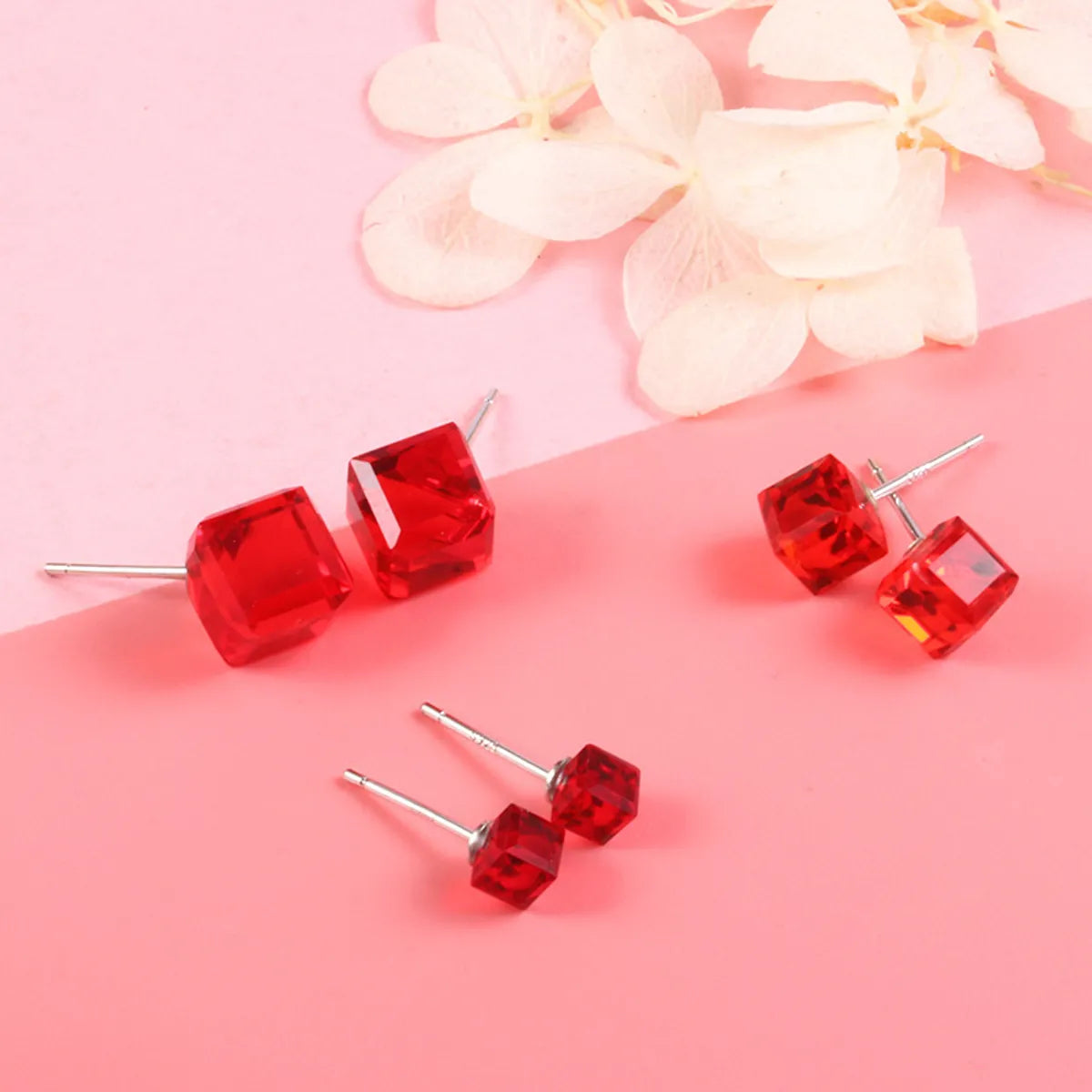 4mm Square Crystal Stud Earrings (Red)