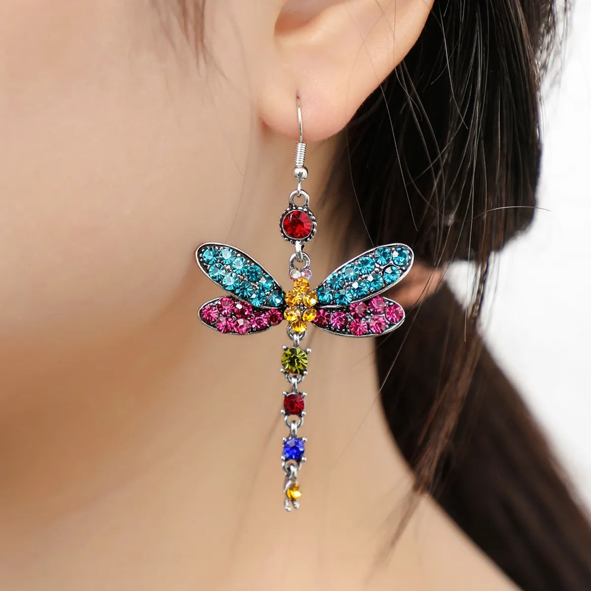 Sky bird earrings -1 Pair Retro Dragonfly Alloy Inlay Rhinestones Women's Drop Earrings