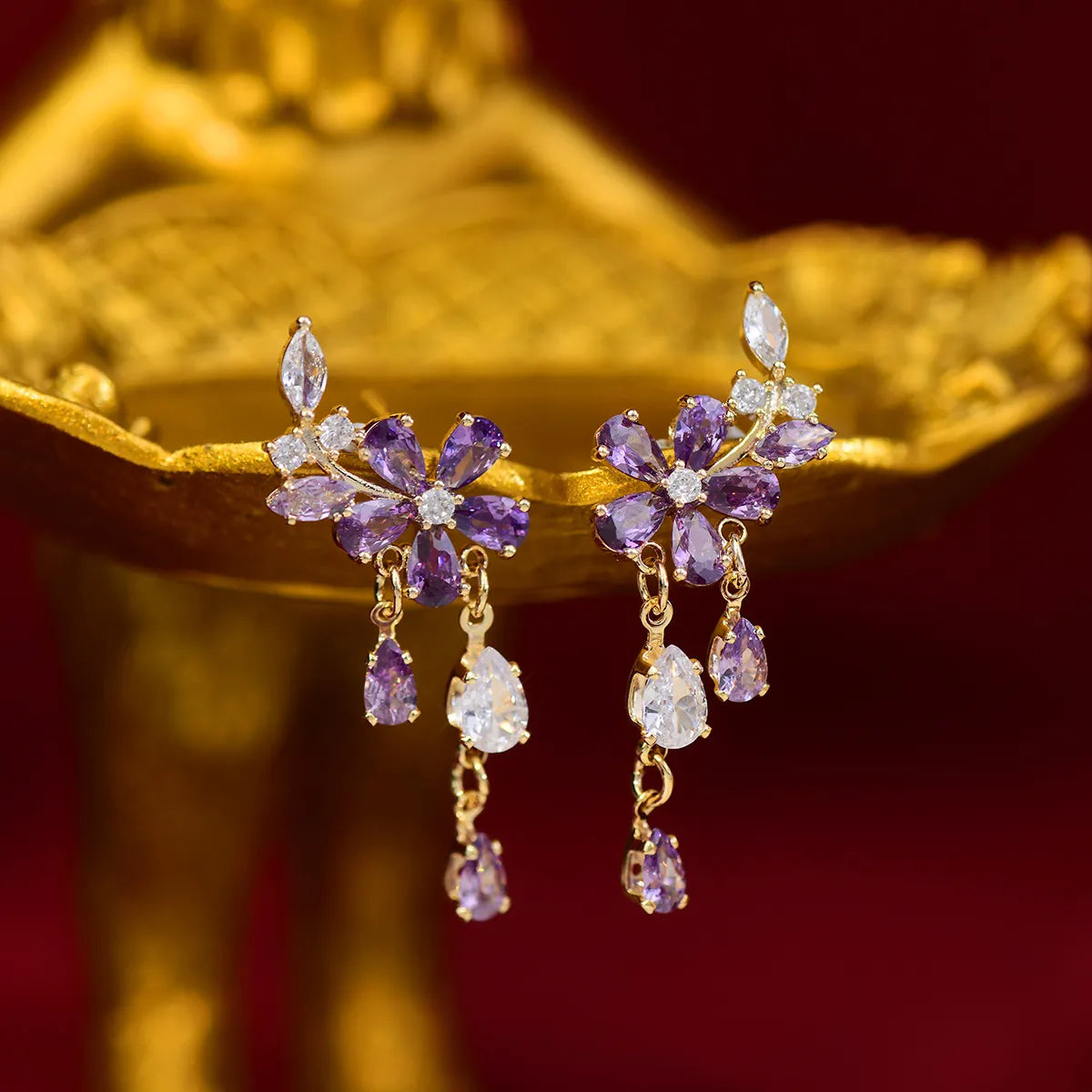 Chic fashion earrings -1 Pair Elegant Flower Plating Inlay Copper Zircon Drop Earrings