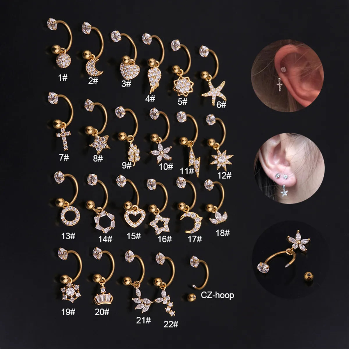 Pony stride earrings -Fashion Stainless Steel C-ring Piercing Flower Zircon Pendant Earrings Wholesale