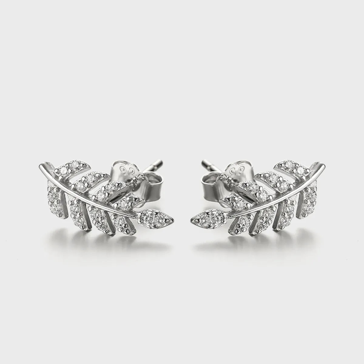 Solid steel earrings -1 Pair Elegant Luxurious Queen Leaf Leaves Plating Inlay Sterling Silver Zircon White Gold Plated Ear Studs