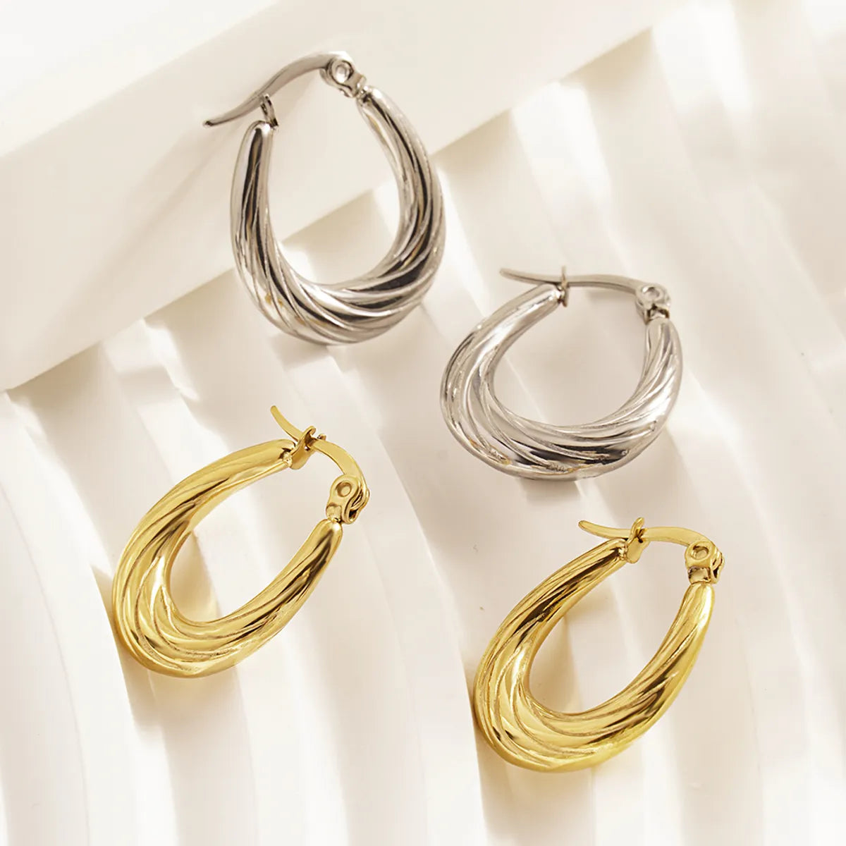 Tiered stud earrings -1 Pair Streetwear Stripe Plating Stainless Steel 18k Gold Plated Hoop Earrings