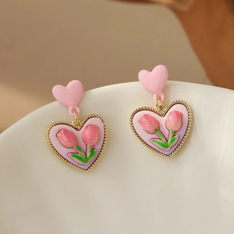 Love Heart Flowers Stud Earrings (Silver Needle) #42