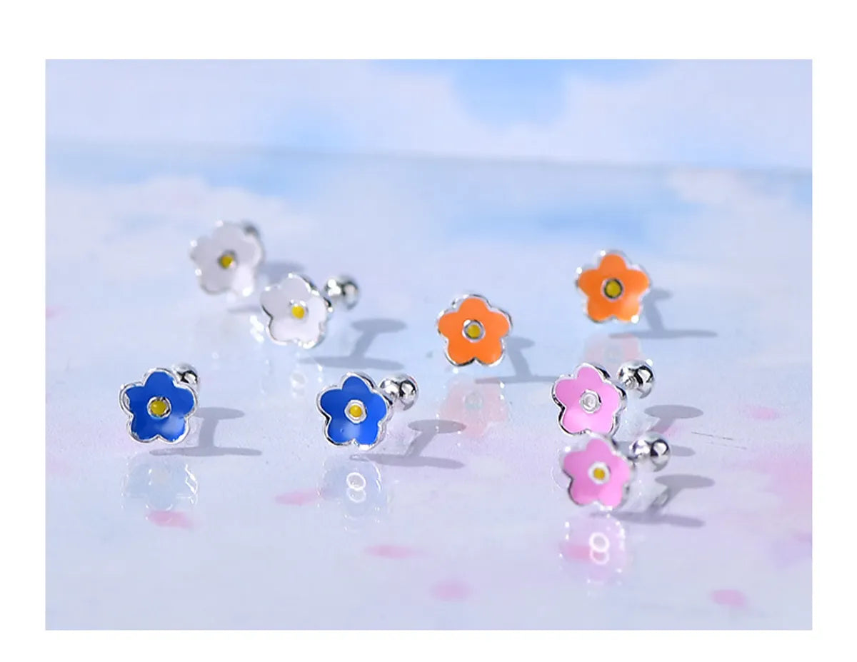 Active flair earrings -Sweet Flower Silver Enamel Plating Ear Studs 1 Pair