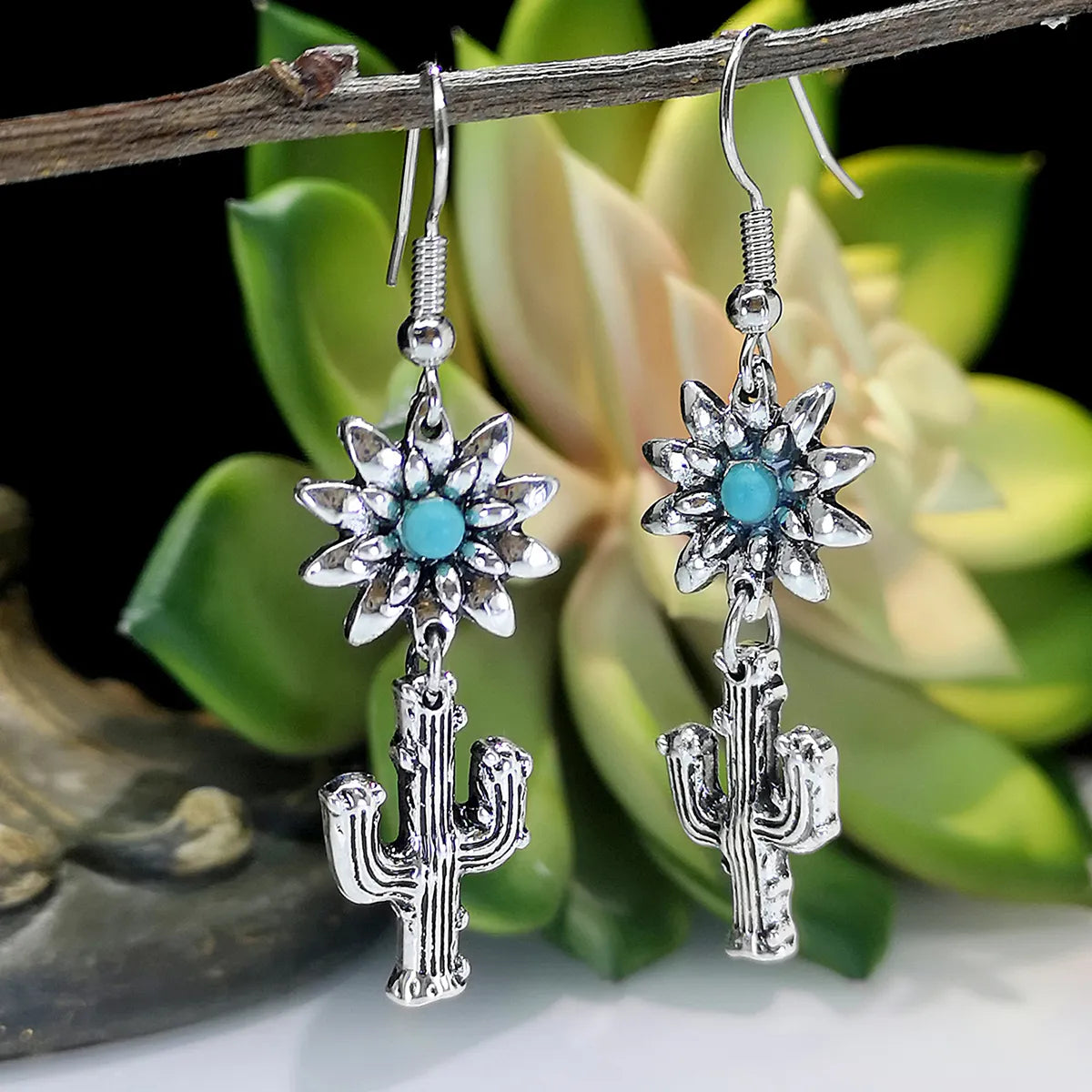 Joyful shine earrings -Wholesale Jewelry 1 Pair Ethnic Style Cactus Flower Metal Turquoise Silver Plated Drop Earrings