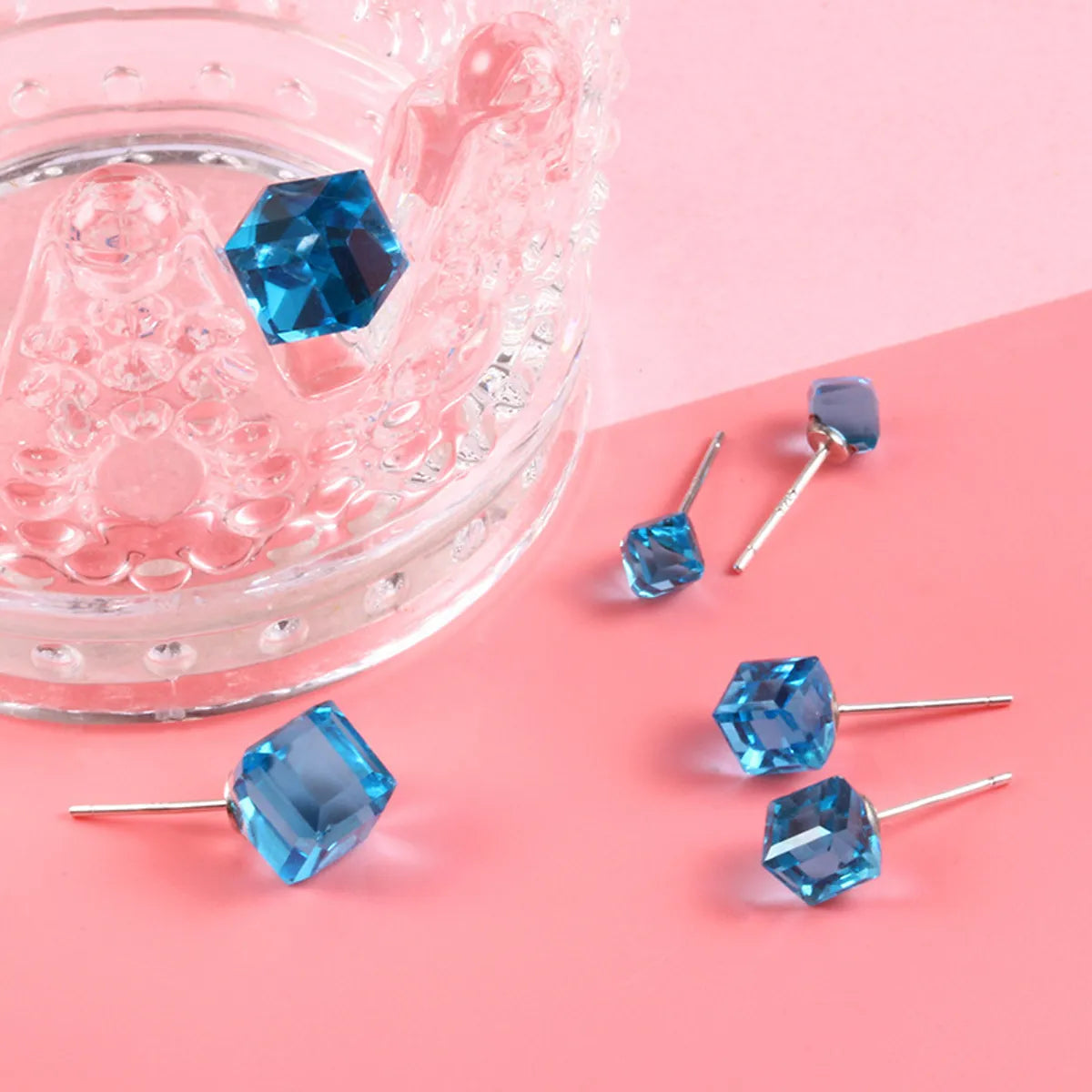 6mm Square Crystal Stud Earrings (Sea Blue)