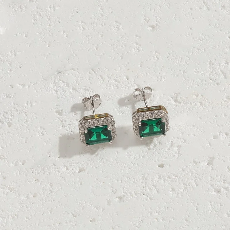 Green Square Zircon Earrings (925 Sterling Silver Earrings)