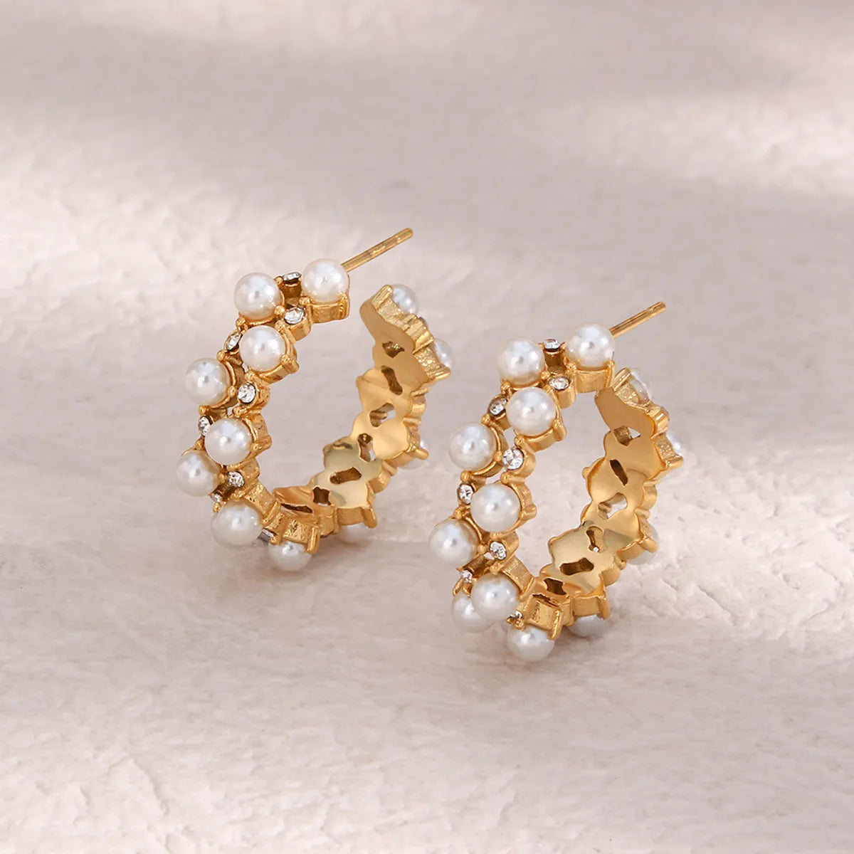 Handmade artisan earrings -Elegant C Shape Inlay Stainless Steel Artificial Pearls Zircon Gold Plated Earrings