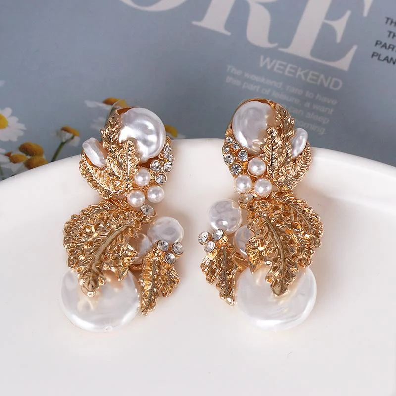 Vibrant bead earrings -Fashion Gold-plated Retro Earrings Pearl Drop Earrings