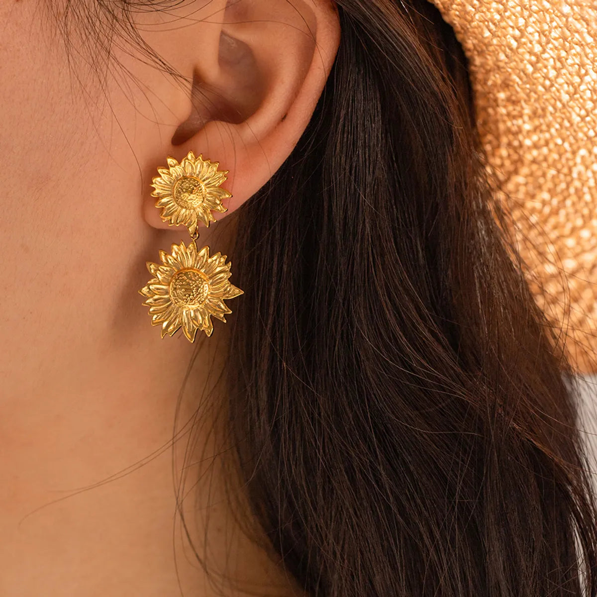 Tiered stud earrings -1 Pair Ig Style Casual Sunflower Plating Stainless Steel 18k Gold Plated Drop Earrings