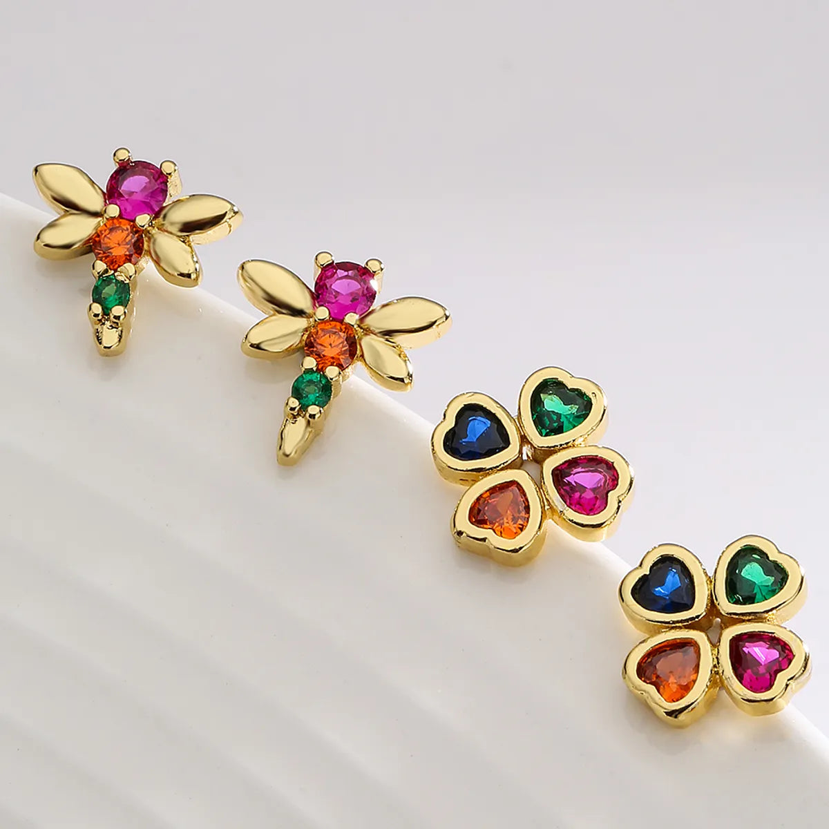 Moon shine earrings -Fashion Four Leaf Clover Dragonfly Copper Gold Plated Zircon Ear Studs 1 Pair