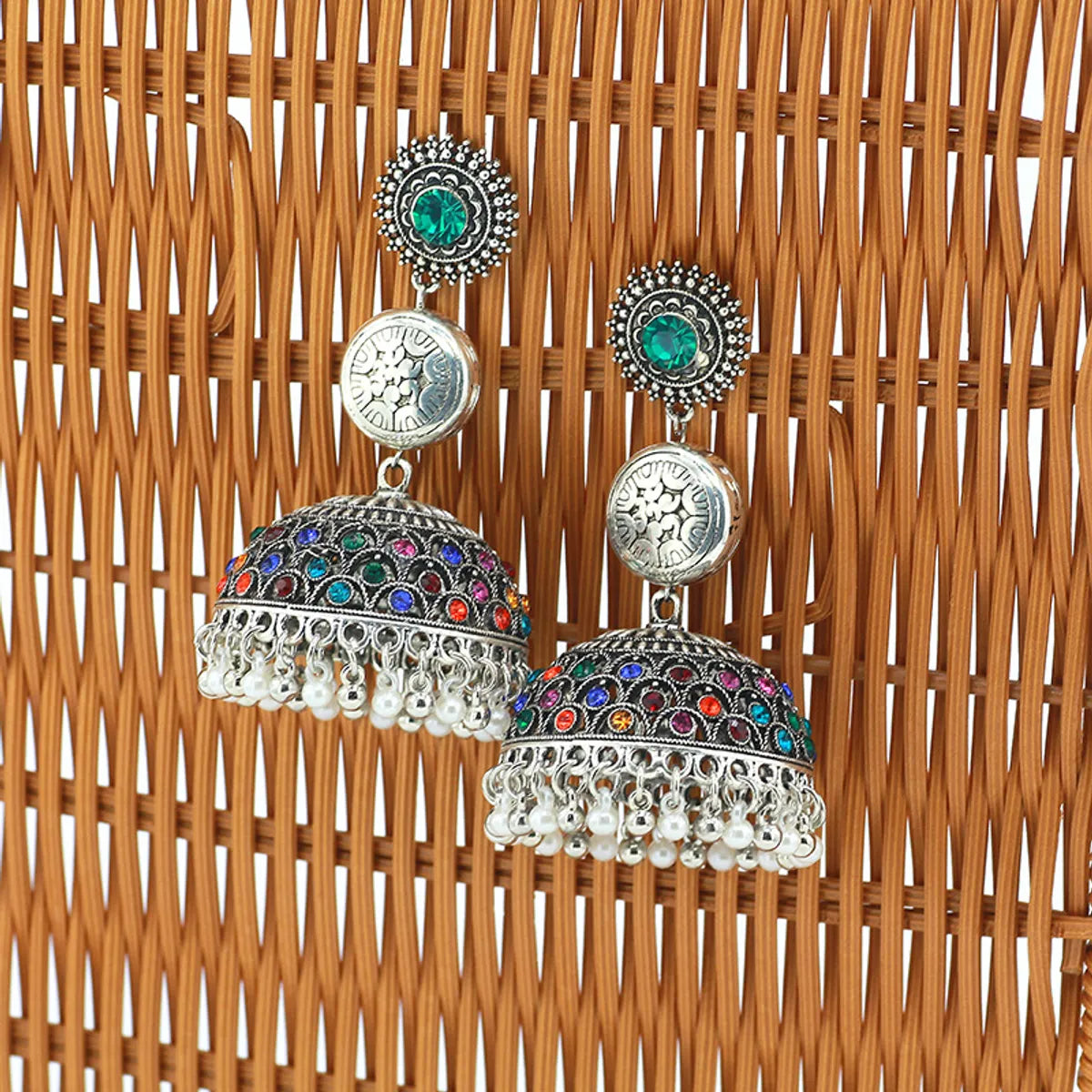 Eclectic boho earrings -Ethnic Style Round Bell Imitation Pearl Alloy Inlay Rhinestones Women's Drop Earrings