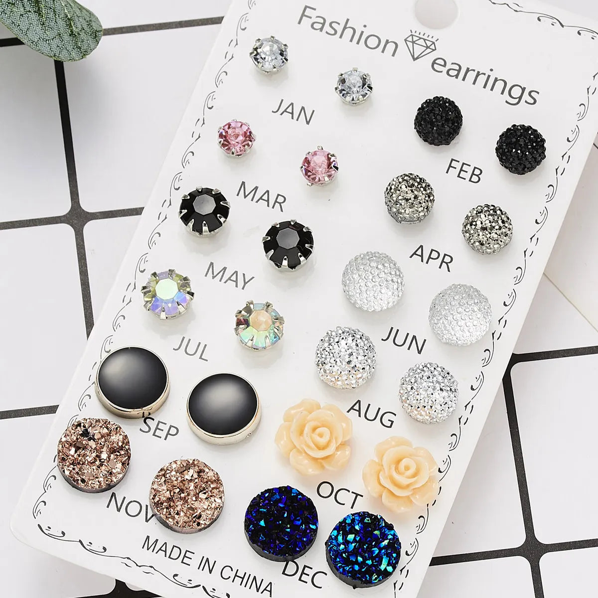 Handmade artisan earrings -Fashion Geometric Rhinestone Women's Ear Studs 12 Pairs