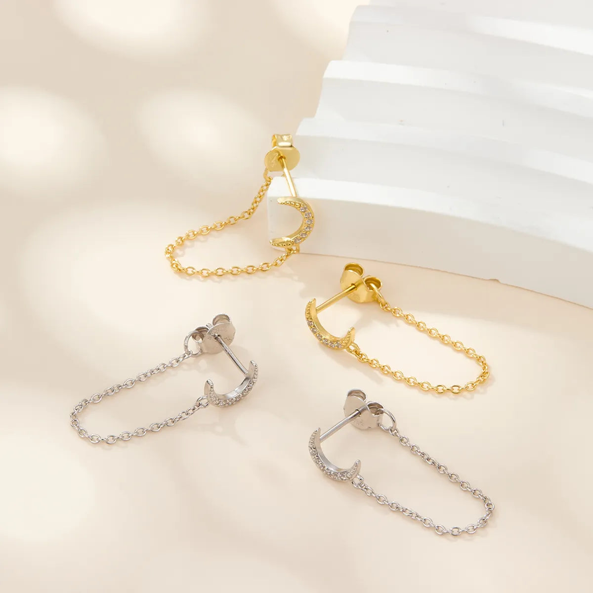 Bold modern earrings -1 Piece Simple Style Commute Moon Plating Chain Inlay Sterling Silver Zircon 18k Gold Plated White Gold Plated Earrings