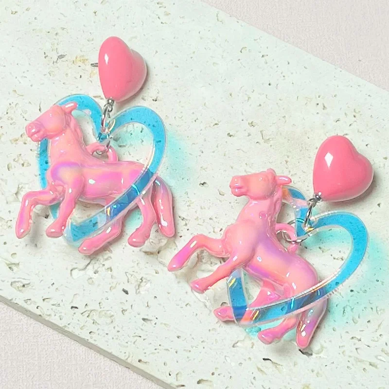 Broad hoop earrings -1 Pair Retro Heart Shape Horse Arylic Drop Earrings