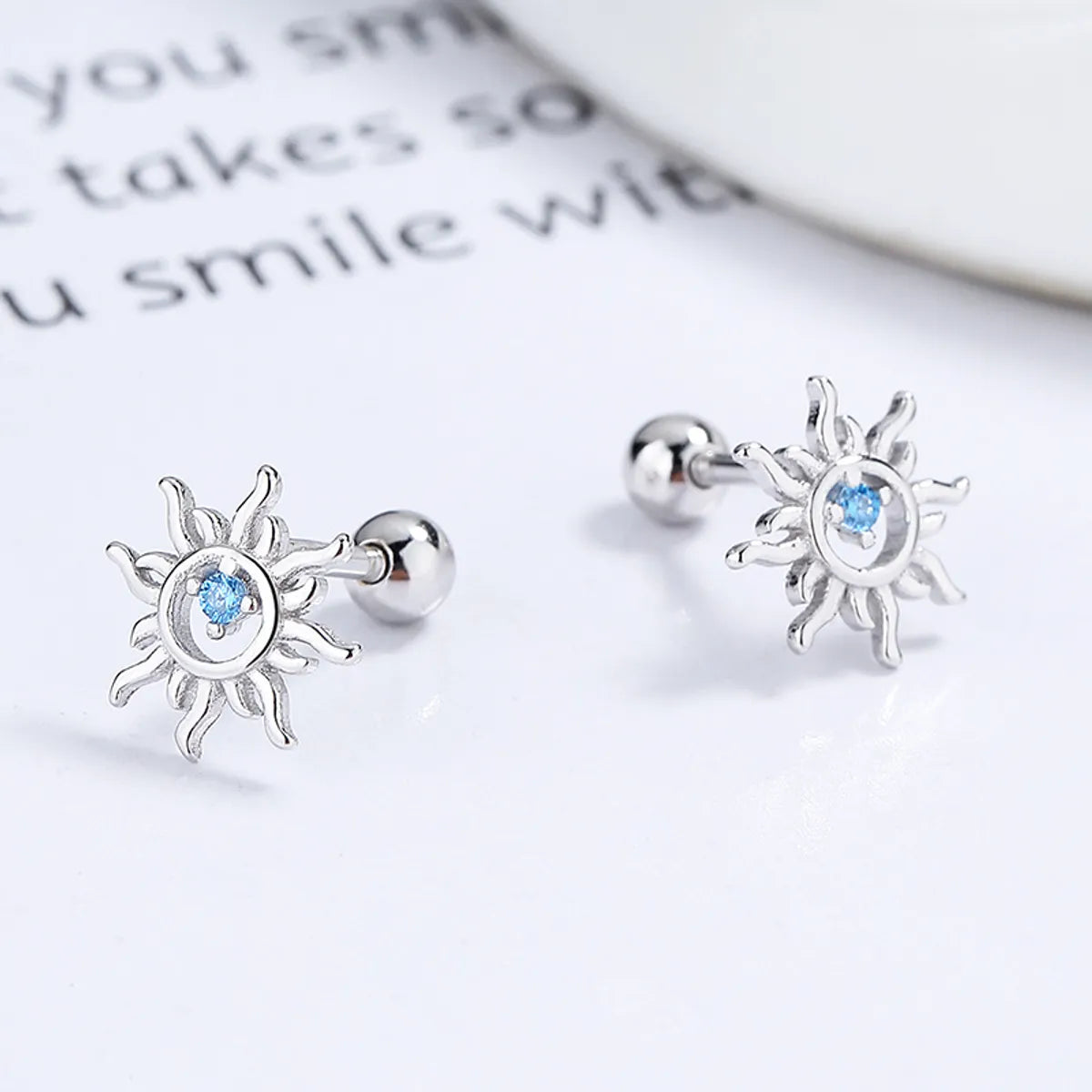 Premium luster earrings -1 Pair Simple Style Sun Inlay Sterling Silver Gem Ear Studs